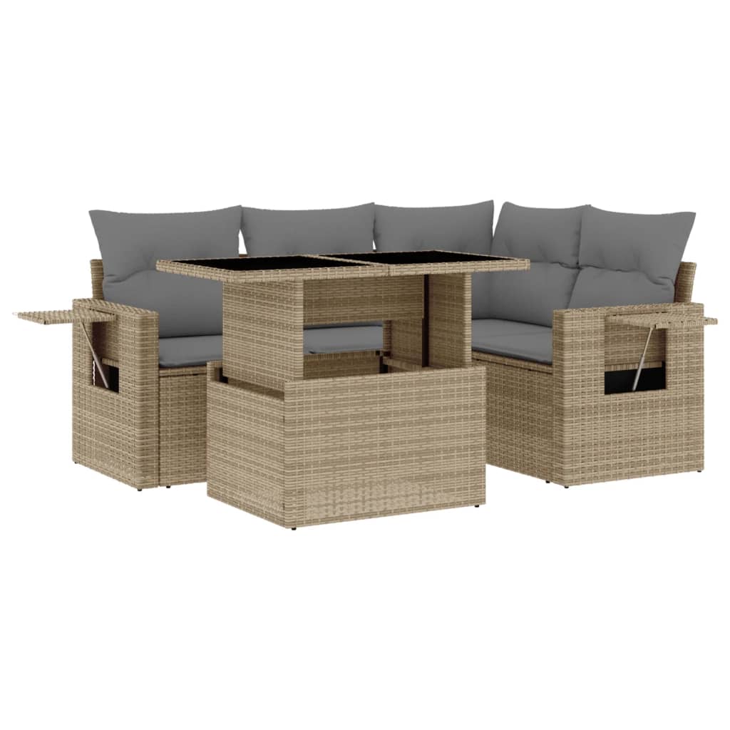 Salon de jardin avec coussins 5 pcs beige résine tressée