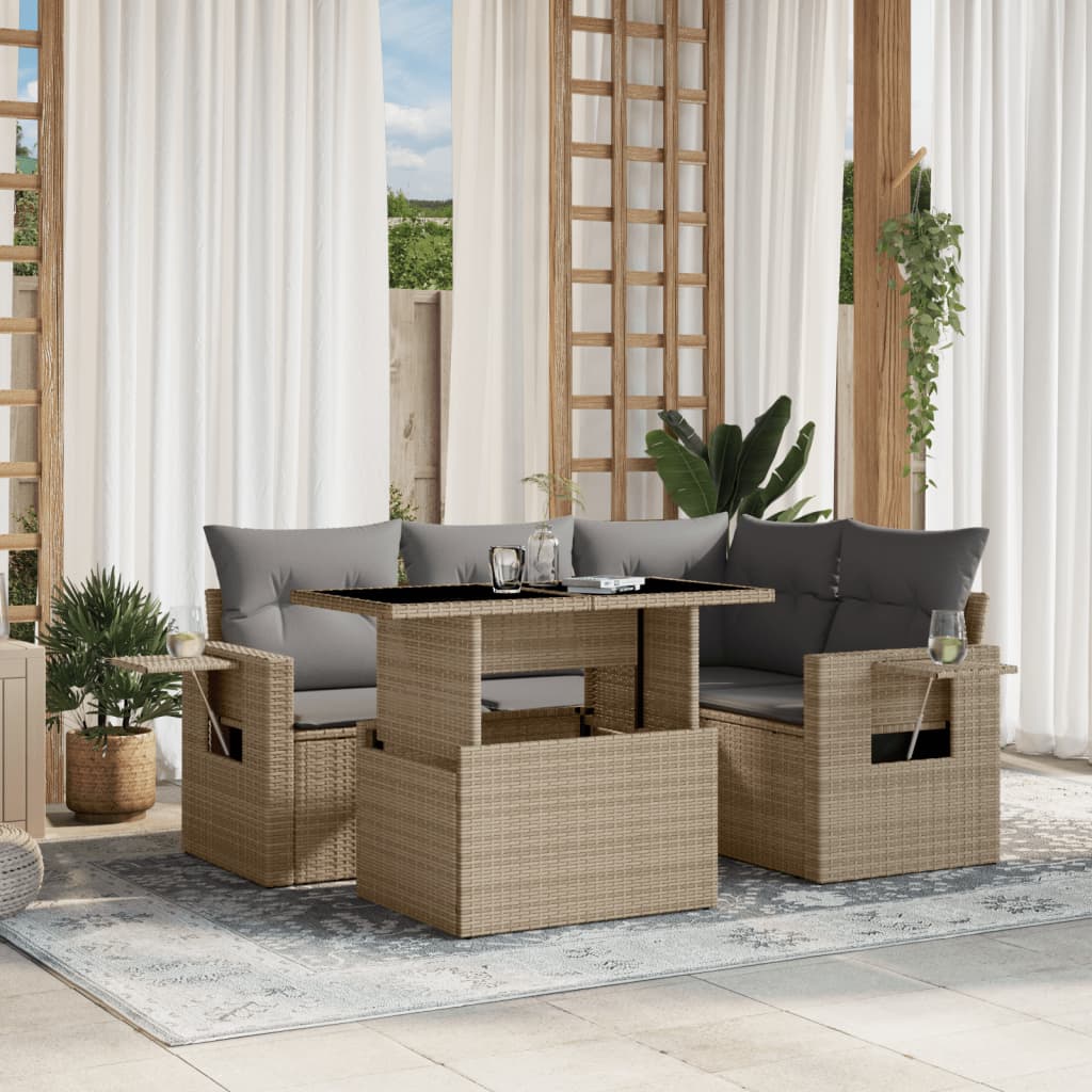 Salon de jardin avec coussins 5 pcs beige résine tressée