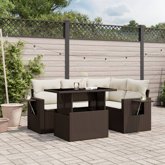 Salon de jardin avec coussins 5 pcs marron résine tressée