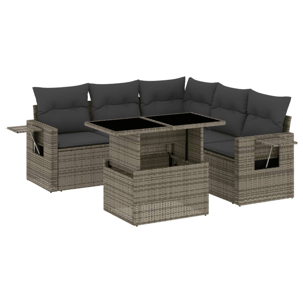 Salon de jardin 6 pcs avec coussins gris résine tressée