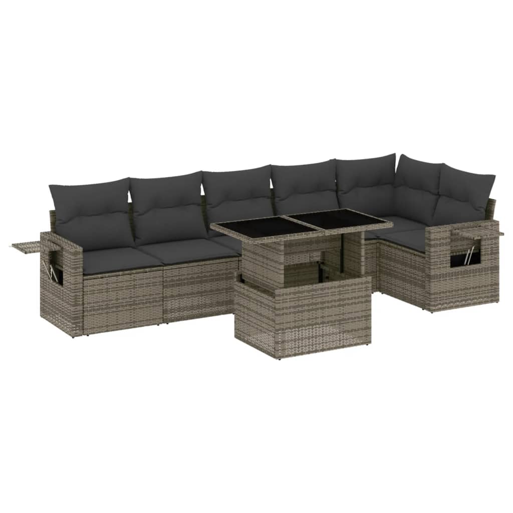 Salon de jardin avec coussins 7 pcs gris résine tressée