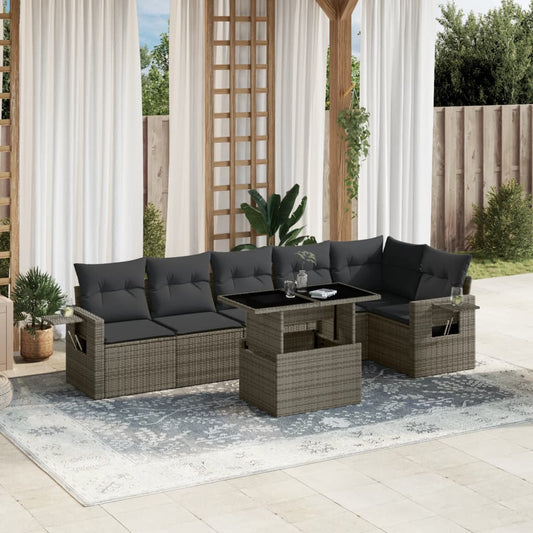 Salon de jardin avec coussins 7 pcs gris résine tressée