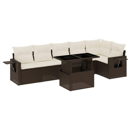 Salon de jardin avec coussins 7 pcs marron résine tressée