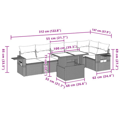 Salon de jardin avec coussins 7 pcs marron résine tressée