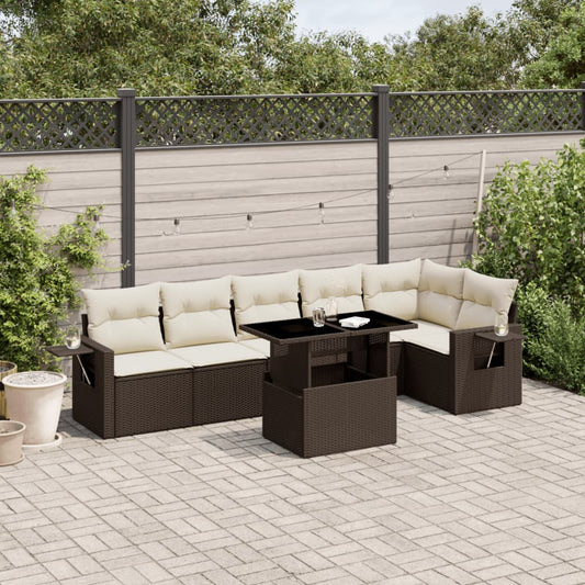 Salon de jardin avec coussins 7 pcs marron résine tressée