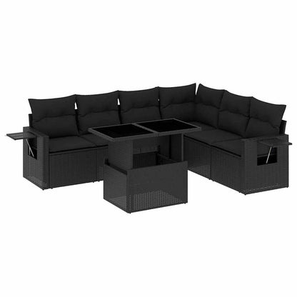 Salon de jardin 7 pcs avec coussins noir résine tressée