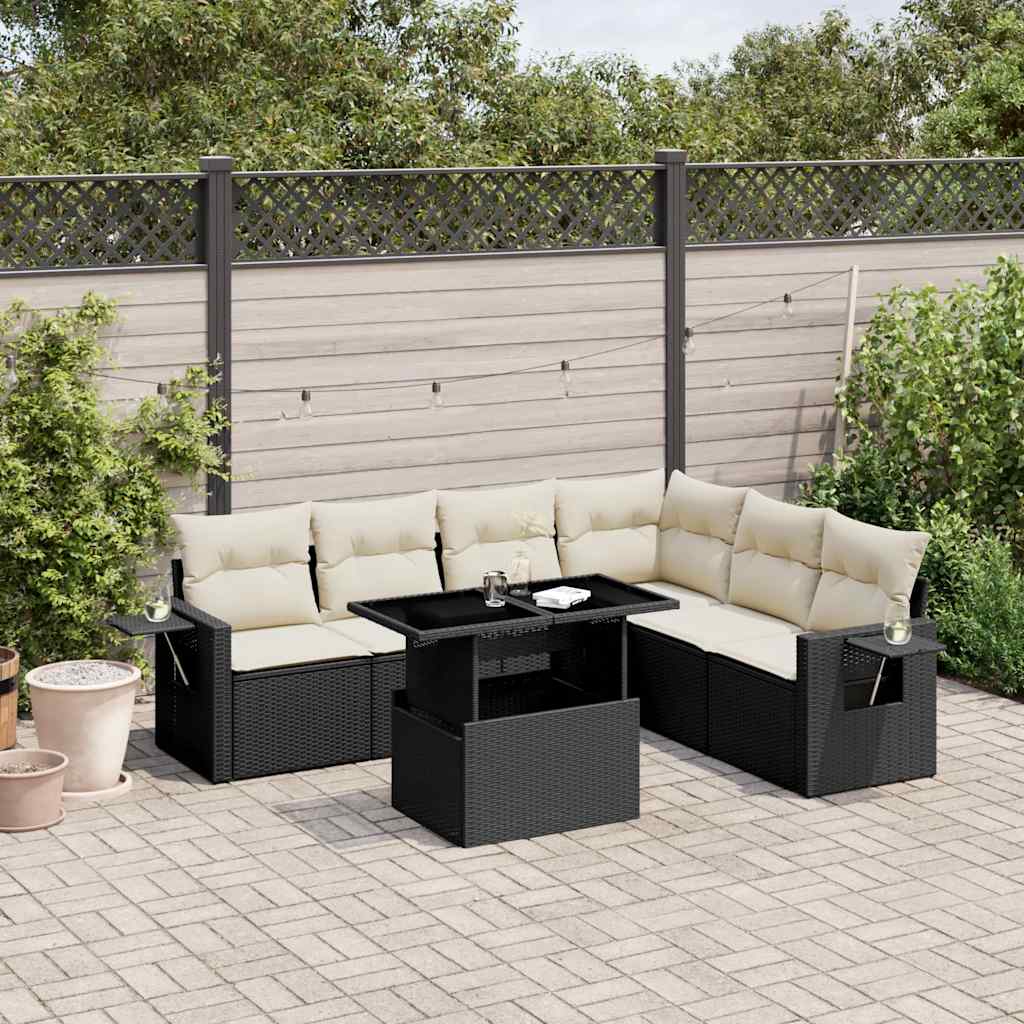 Salon de jardin 7 pcs avec coussins noir résine tressée