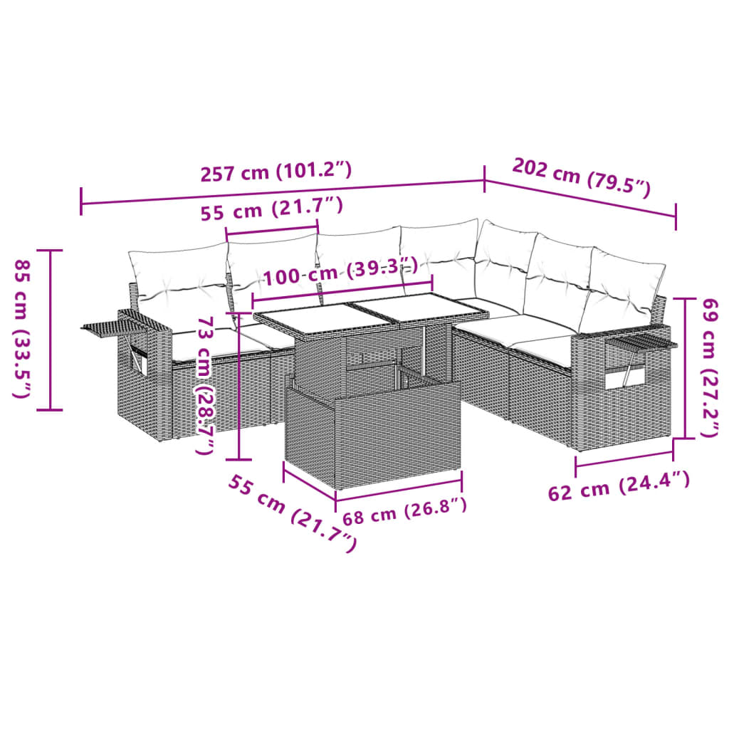 Salon de jardin avec coussins 7 pcs gris résine tressée