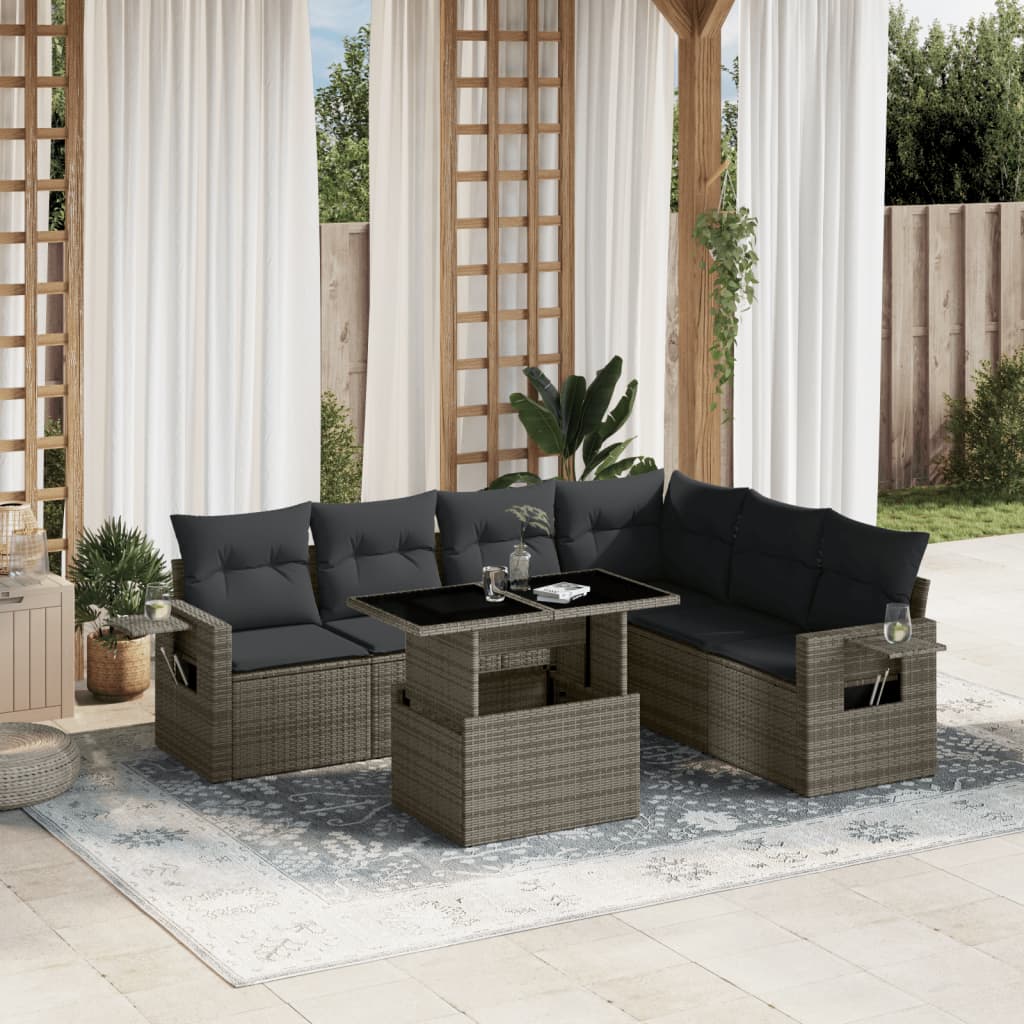 Salon de jardin avec coussins 7 pcs gris résine tressée