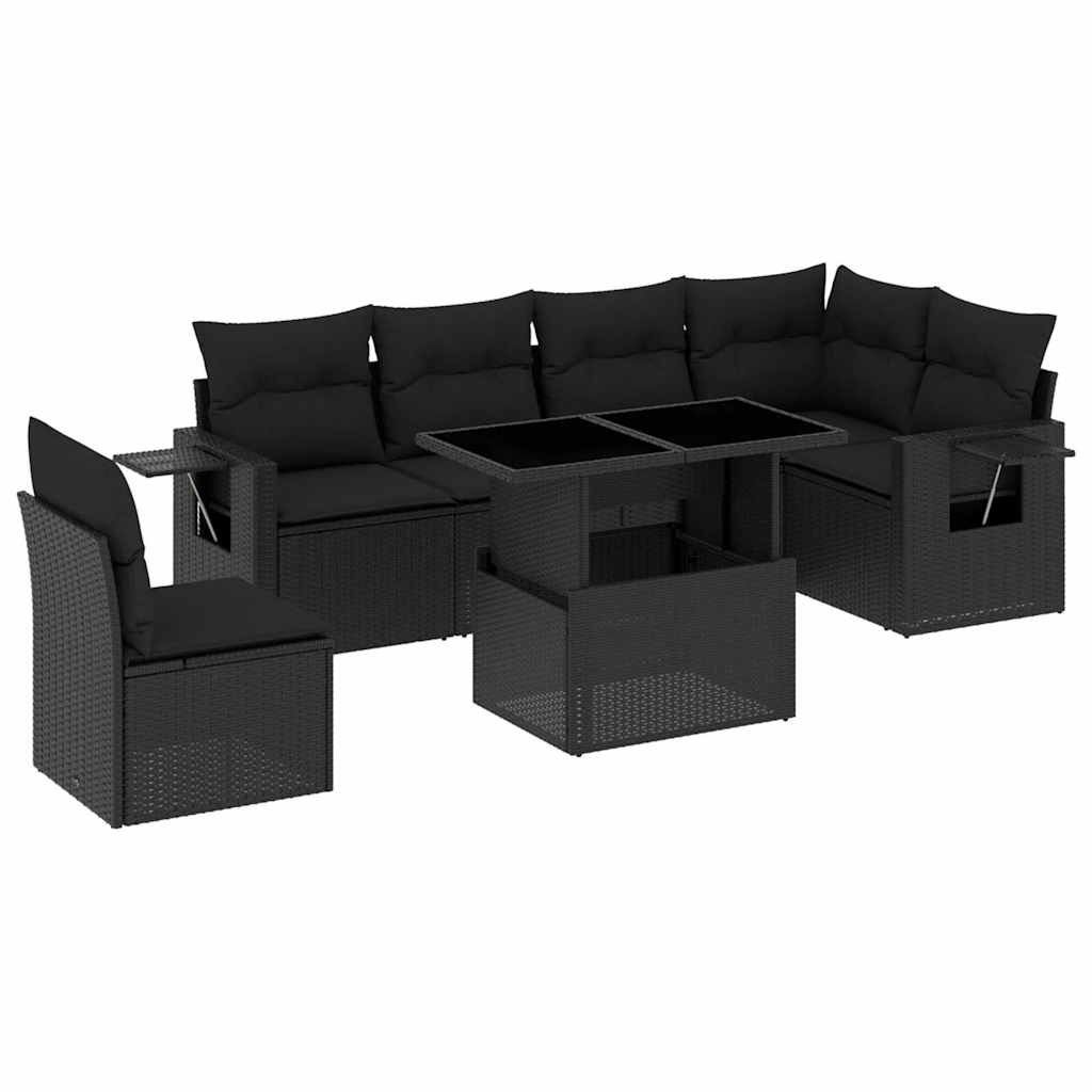 Salon de jardin 7 pcs avec coussins noir résine tressée