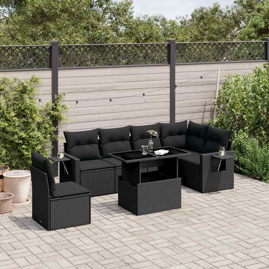 Salon de jardin 7 pcs avec coussins noir résine tressée