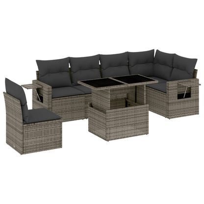 Salon de jardin avec coussins 7 pcs gris résine tressée