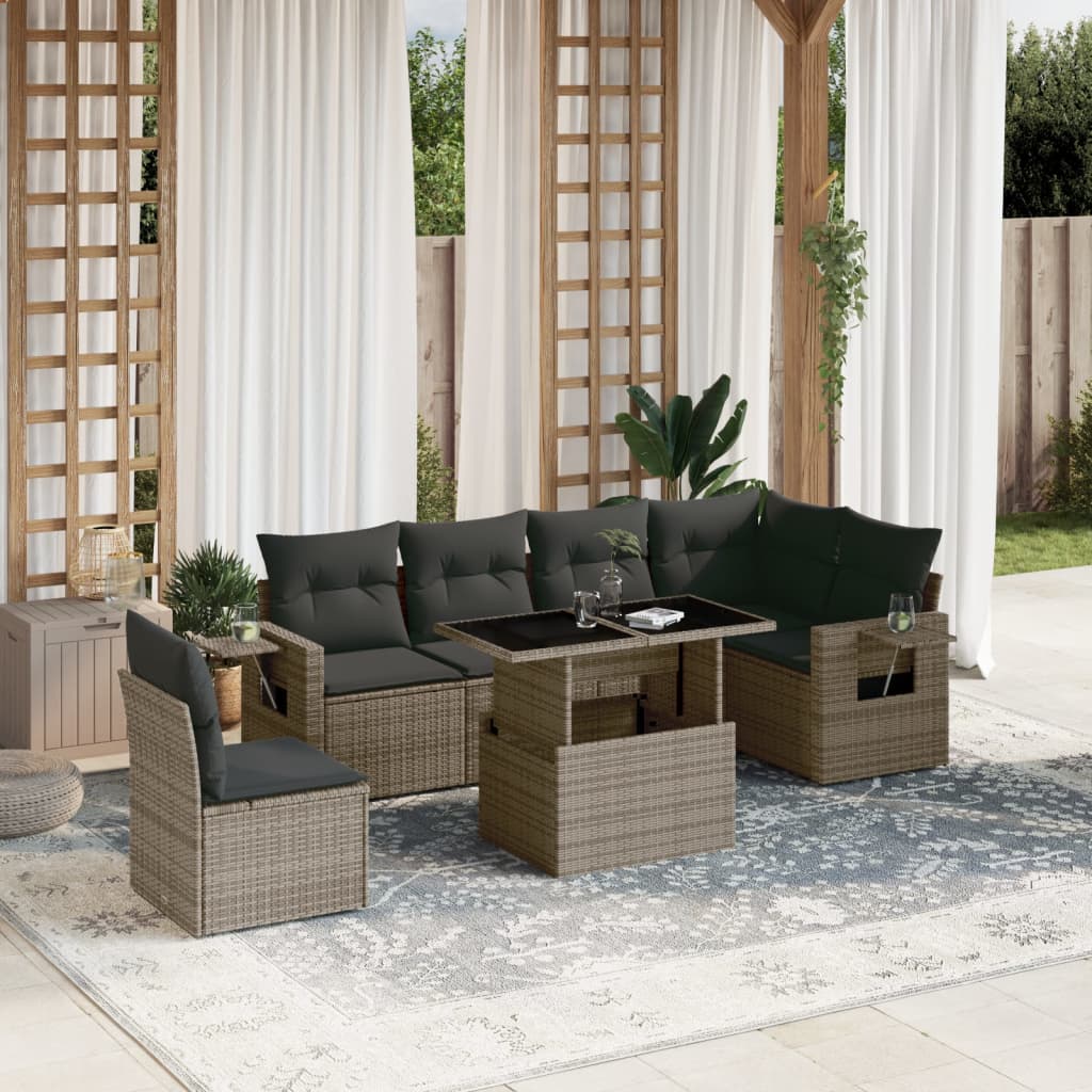 Salon de jardin avec coussins 7 pcs gris résine tressée