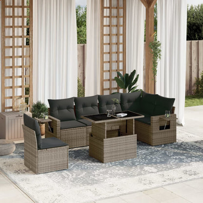 Salon de jardin avec coussins 7 pcs gris résine tressée