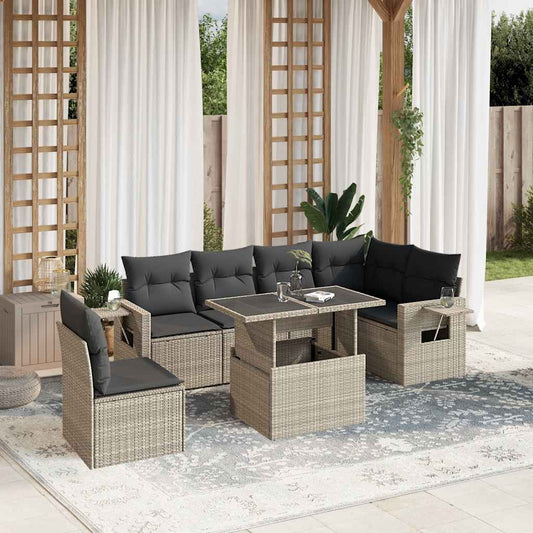 Salon de jardin avec coussins 7 pcs gris clair résine tressée