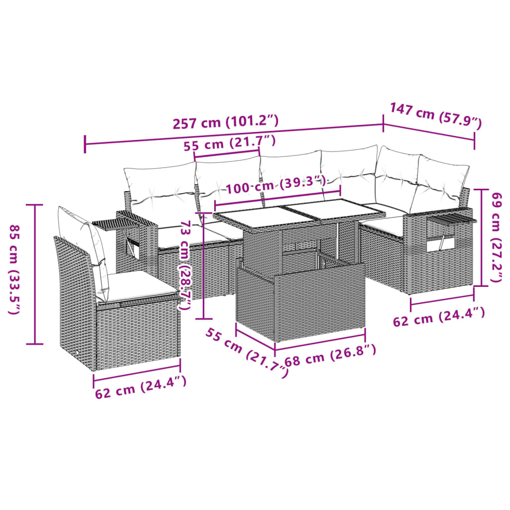 Salon de jardin avec coussins 7 pcs marron résine tressée