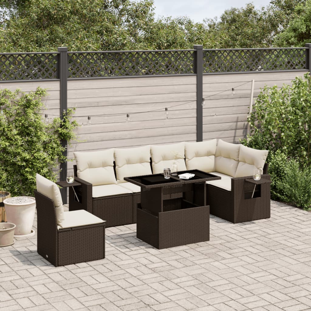 Salon de jardin avec coussins 7 pcs marron résine tressée