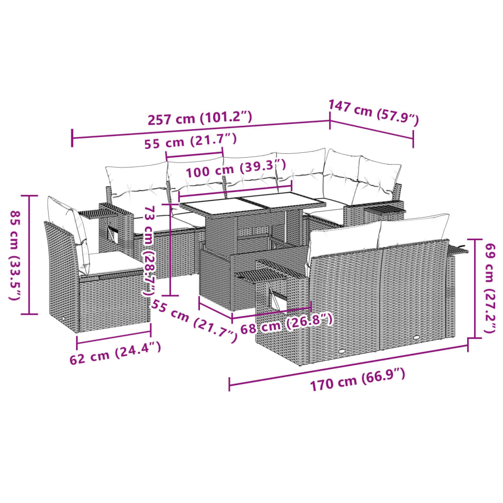 Salon de jardin avec coussins 9 pcs beige résine tressée