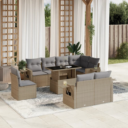 Salon de jardin avec coussins 9 pcs beige résine tressée