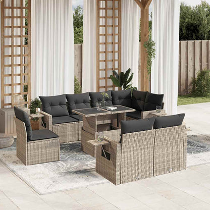 Salon de jardin 9 pcs avec coussins gris clair résine tressée