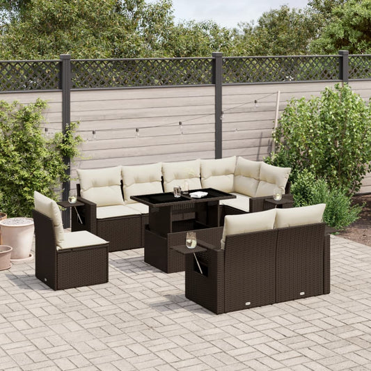 Salon de jardin avec coussins 9 pcs marron résine tressée