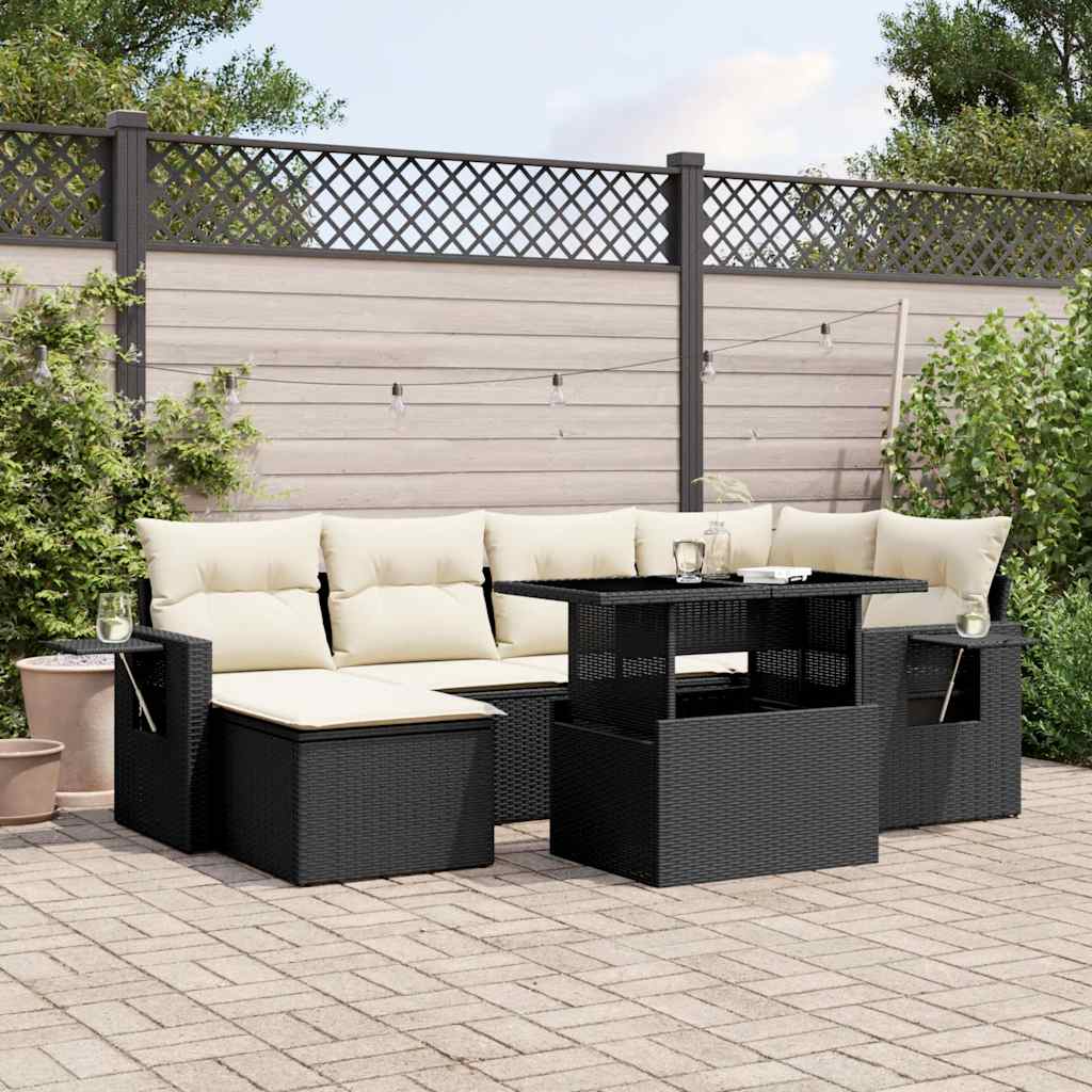 Salon de jardin 7 pcs avec coussins noir résine tressée