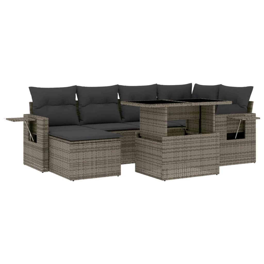 Salon de jardin avec coussins 7 pcs gris résine tressée