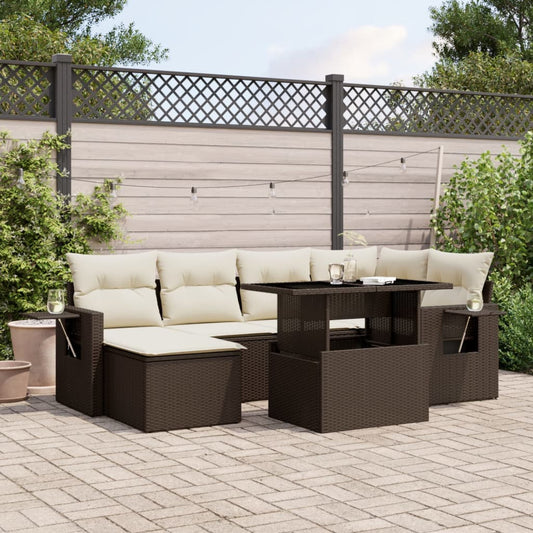 Salon de jardin avec coussins 7 pcs marron résine tressée