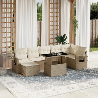 Salon de jardin avec coussins 8 pcs beige résine tressée