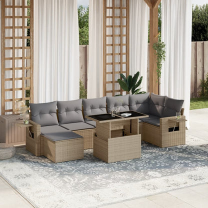 Salon de jardin avec coussins 8 pcs beige résine tressée