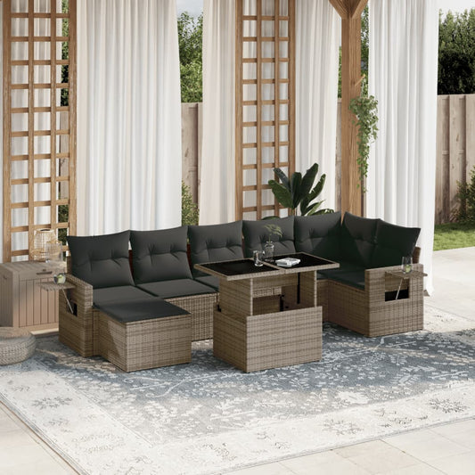 Salon de jardin 8 pcs avec coussins gris résine tressée