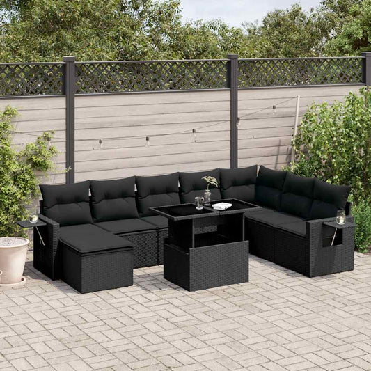 Salon de jardin 8 pcs avec coussins noir résine tressée