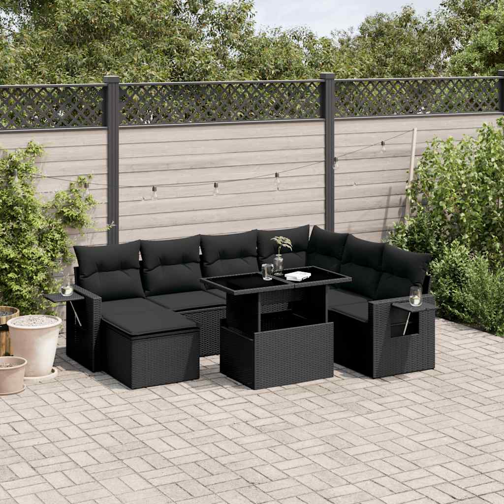 Salon de jardin 9 pcs avec coussins noir résine tressée