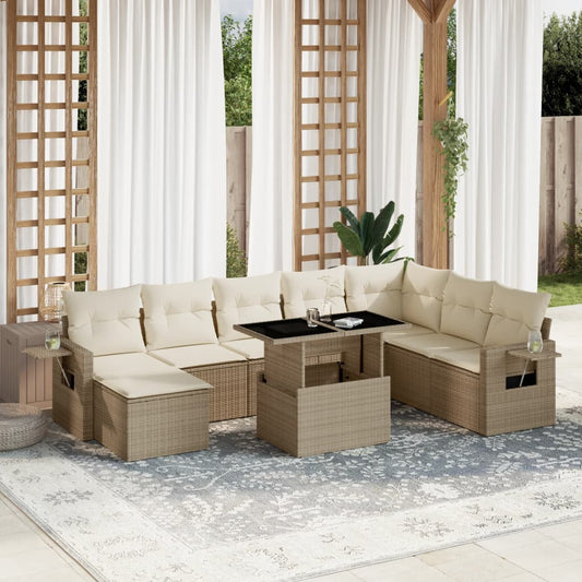 Salon de jardin avec coussins 9 pcs beige résine tressée