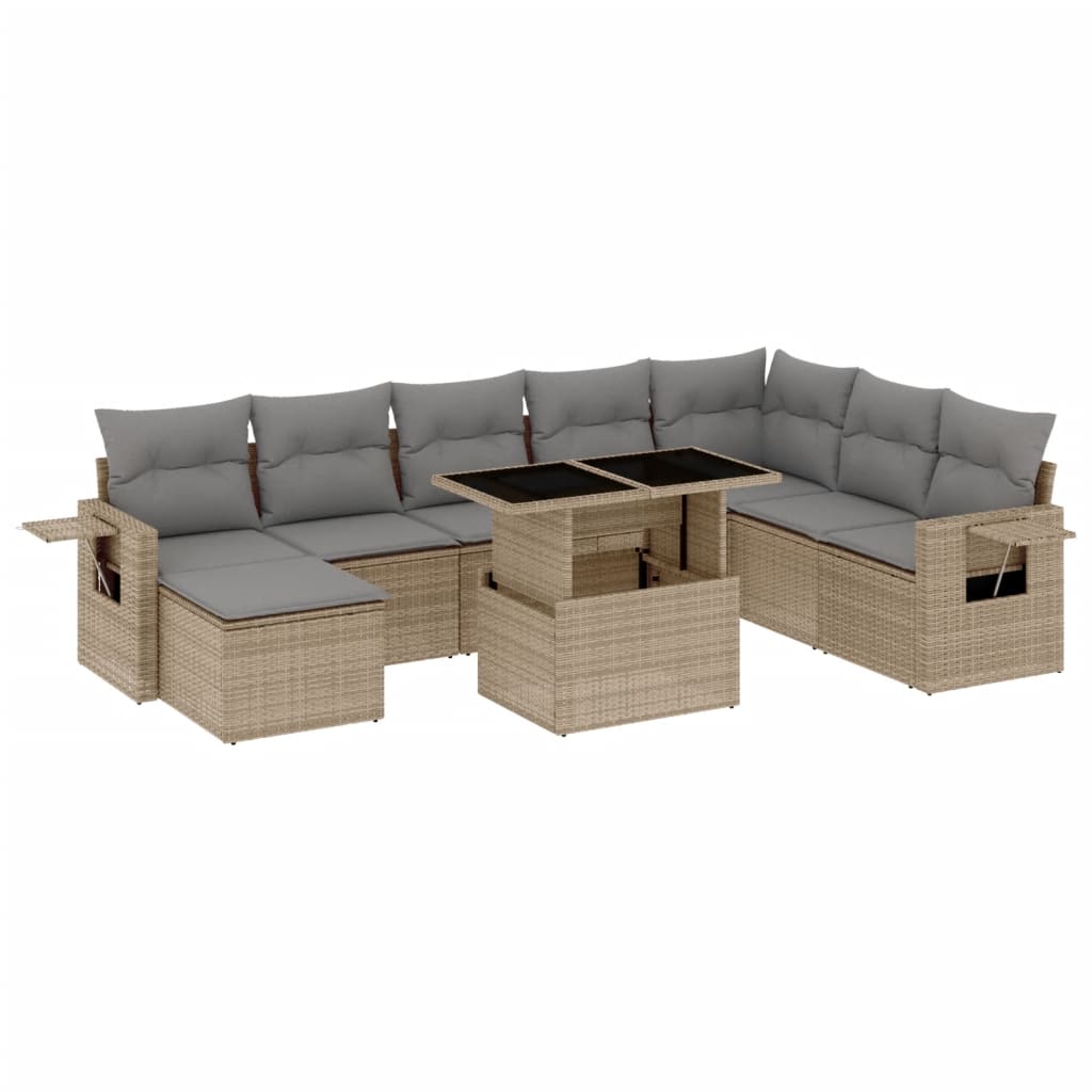 Salon de jardin avec coussins 9 pcs beige résine tressée