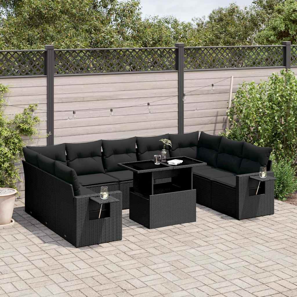 Salon de jardin 10 pcs avec coussins noir résine tressée