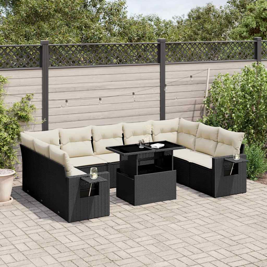 Salon de jardin 10 pcs avec coussins noir résine tressée