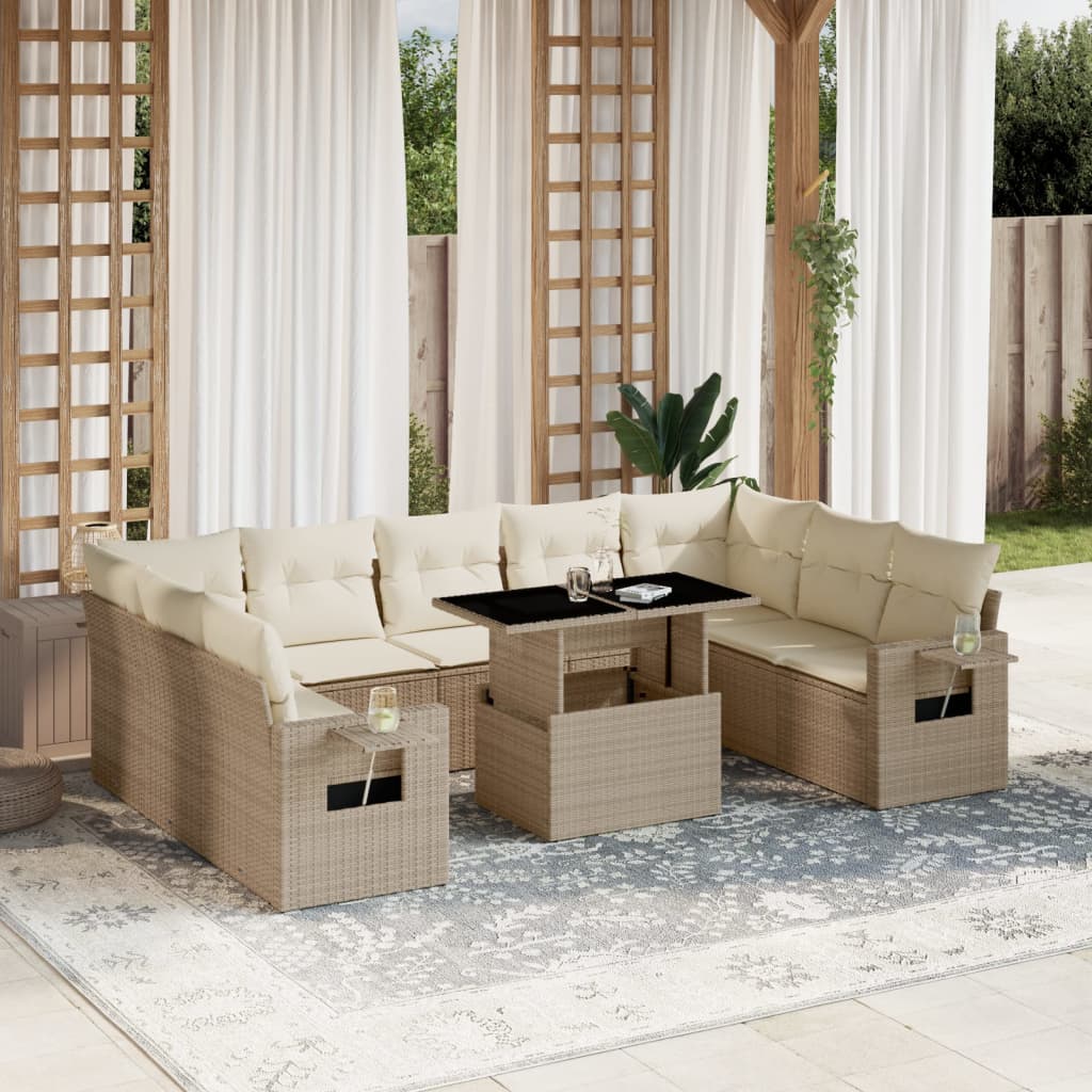 Salon de jardin avec coussins 10 pcs beige résine tressée