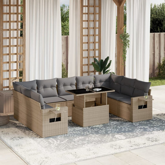 Salon de jardin avec coussins 10 pcs beige résine tressée