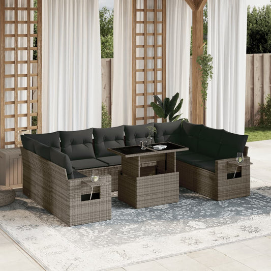 Salon de jardin avec coussins 10 pcs gris résine tressée