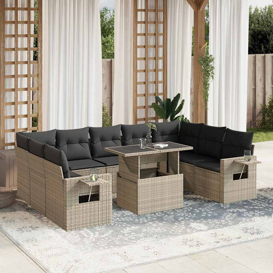 Salon de jardin avec coussins 10 pcs gris clair résine tressée