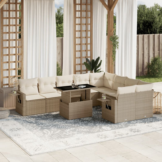 Salon de jardin avec coussins 10 pcs beige résine tressée