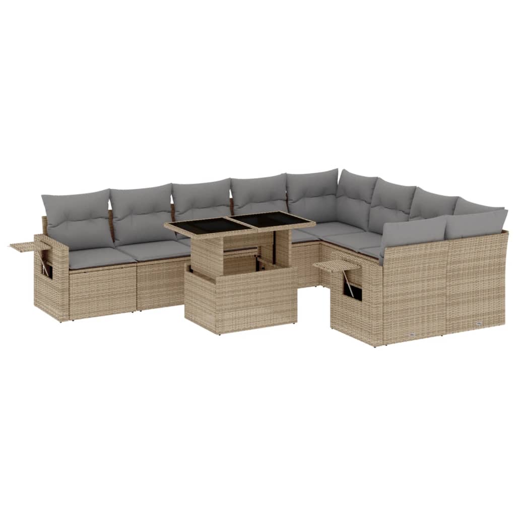 Salon de jardin avec coussins 10 pcs beige résine tressée