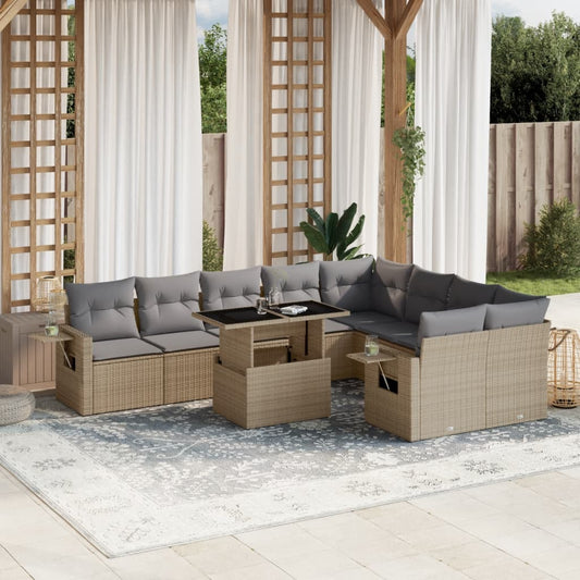 Salon de jardin avec coussins 10 pcs beige résine tressée