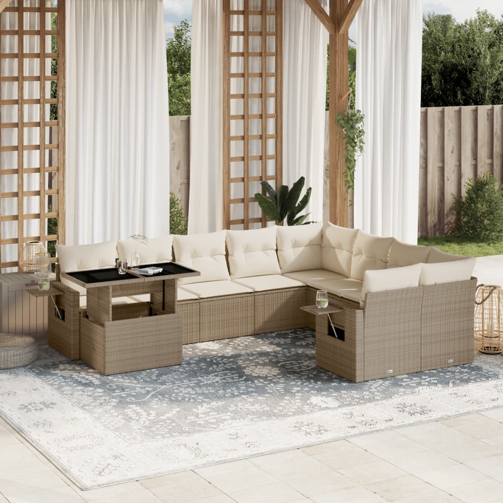 Salon de jardin avec coussins 10 pcs beige résine tressée