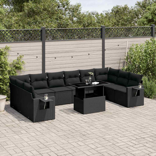 Salon de jardin 11 pcs avec coussins noir résine tressée