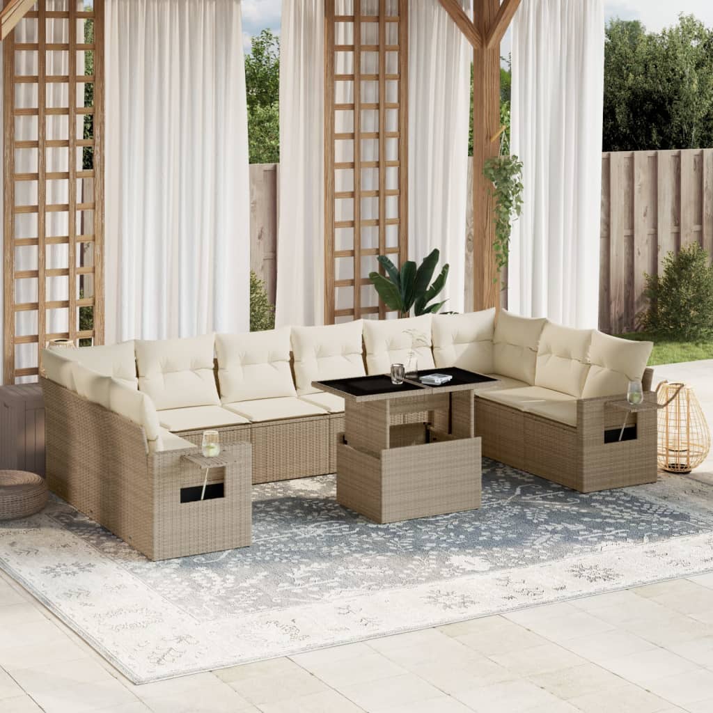 Salon de jardin 11 pcs avec coussins beige résine tressée