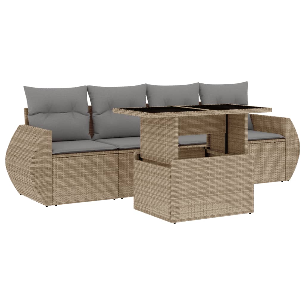 Salon de jardin avec coussins 5 pcs beige résine tressée