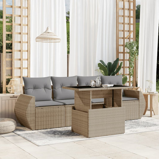 Salon de jardin avec coussins 5 pcs beige résine tressée