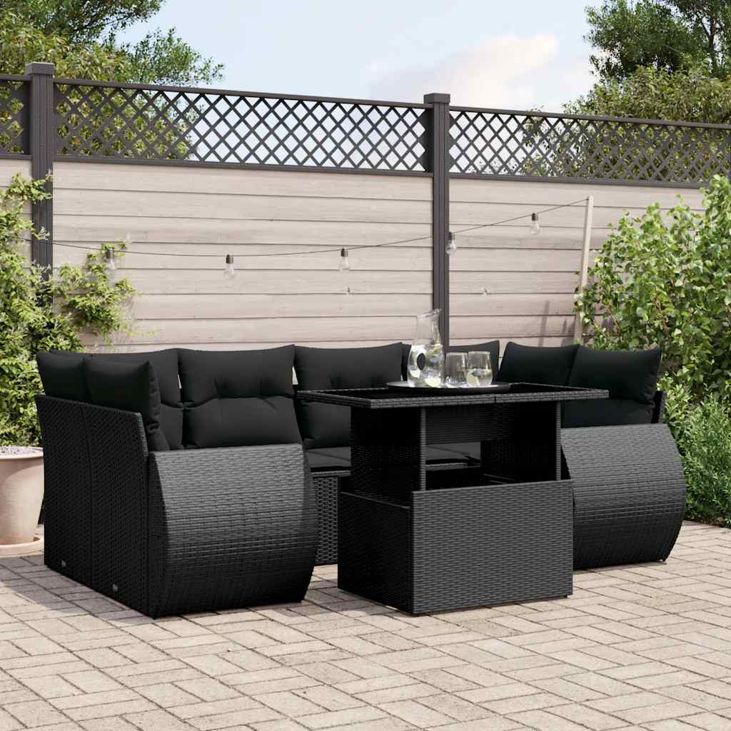 Salon de jardin 7 pcs avec coussins noir résine tressée